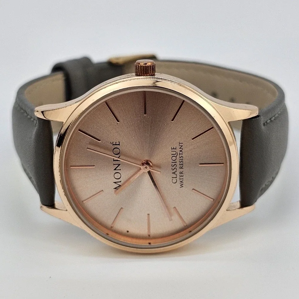 Monroe by Maestro Women Watch 36MM Gold Dial Gray Leather Band Straps NewBattery